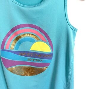 4/$20💥Skechers Sport Athletic Racerback Tank Top, Shimmer Sun & Beach Graphic